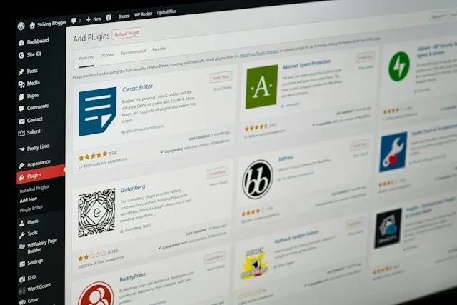 WordPress admin view with available plugins and features to build further with.